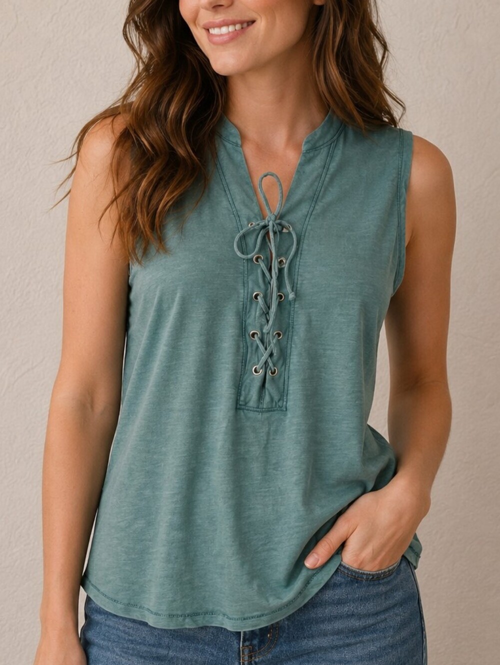 WONDERLY Teal Sleeveless Lace-Up V-Neck Tank Top